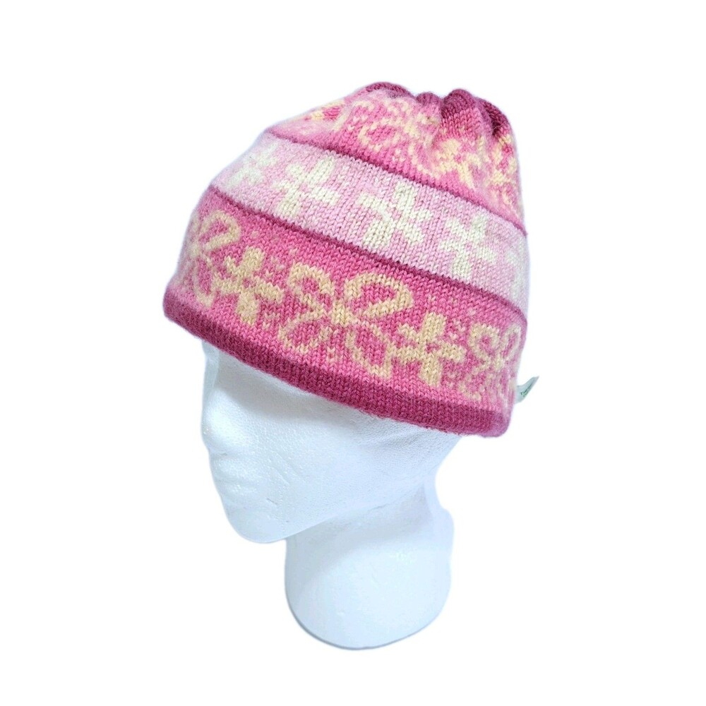 Turtle Fur Pink Wool Knit Floral Fleece Lined Beanie Winter Ski Hat Made in USA